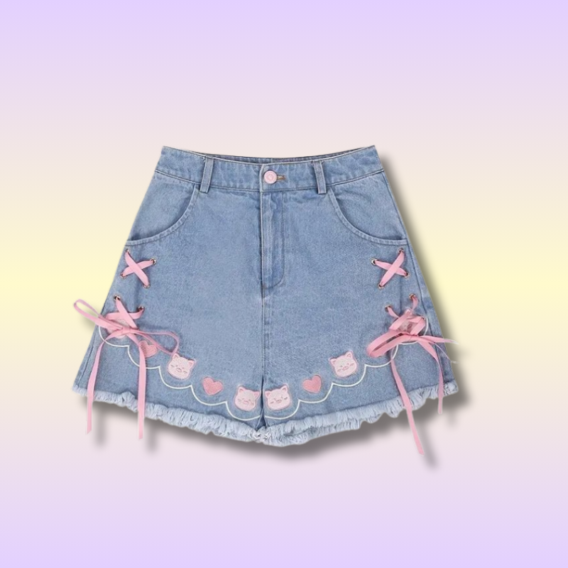 Pink Bandage Kawaii Ribbon Denim Shorts