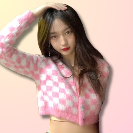 Pink Checkerboard Crop Cardigan