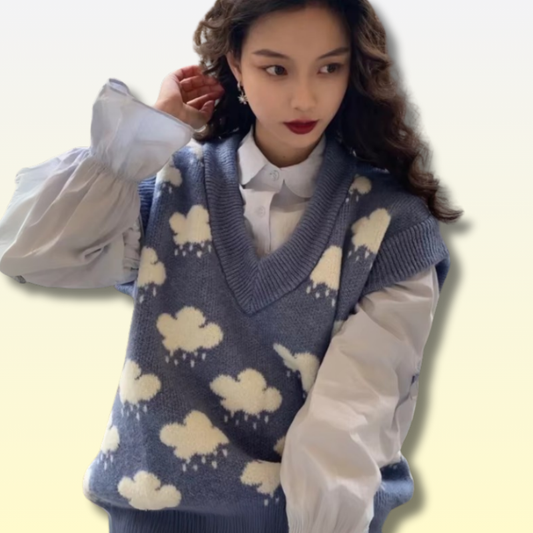 Blue Kawaii Knitted V-neck Vest