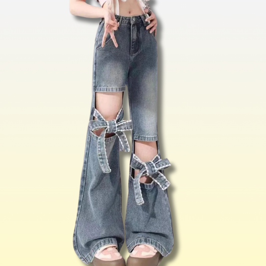 Kawaii Wide Leg Jeans with Knots