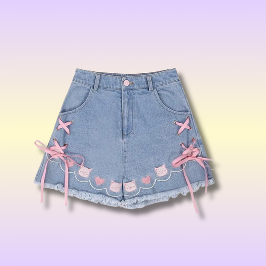 Pink Bandage Kawaii Ribbon Denim Shorts