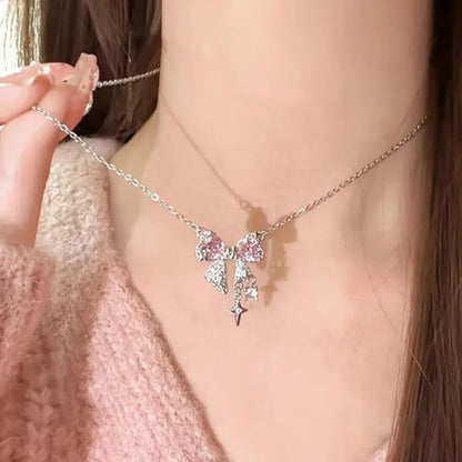 Collier Pendentif Nœud en Cristal Kawaii