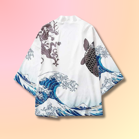 Kimono Blanc Vague Japonais