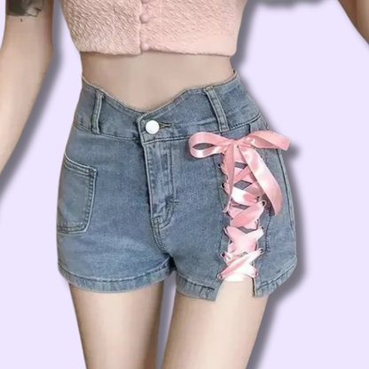 Lace-Up Kawaii Denim Shorts