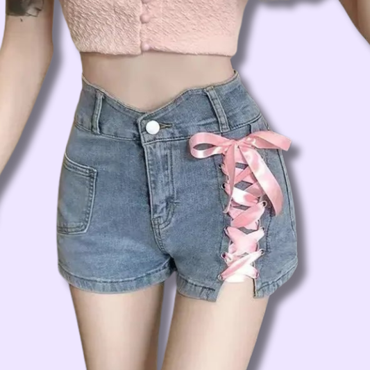 Lace-Up Kawaii Denim Shorts