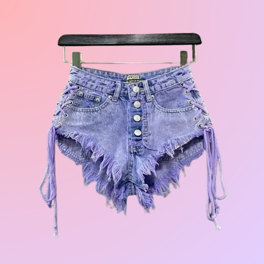 Purple Corset Lace Jean High Waisted Button Shorts