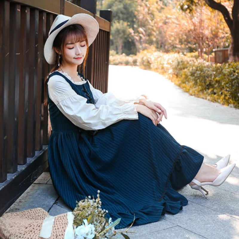 kawaii long dress White Pink Cottage Lace Milkmaid Dress Kawaiies