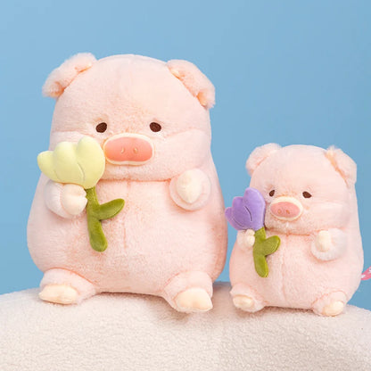 Peluche Kawaii Cochon tenant une Fleur
