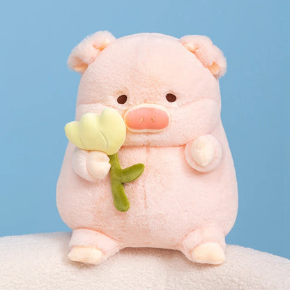Peluche Kawaii Cochon tenant une Fleur